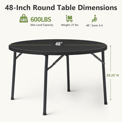 48" Folding Round Table, Heavy Duty Plastic Commercial Dinner Table with Foldable Steel Legs, Portable Banquet Table for Party, Events, Office, Indoor, Outdoor, Black