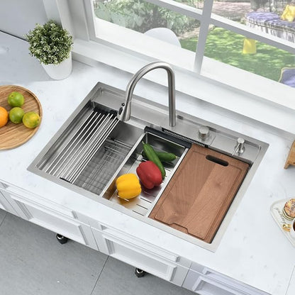 33 Inch Drop In Waterfall Kitchen Sink Workstation-Bokaiya 33x19 Drop In Kitchen Sink with Faucet Combo Stainless Steel Top Mount 16 Gauge 10" Deep Single Bowl Waterfall Sink with Soap Dispenser
