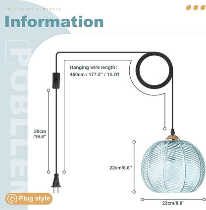 Blue Glass Plug in Pendant Light for Ceiling, 8.6" Plug in Hanging Lamp Pendant 14.76 FT Corded Light Fixture for Kitchen Plant Corner Living Room Office, Retro Plant Light