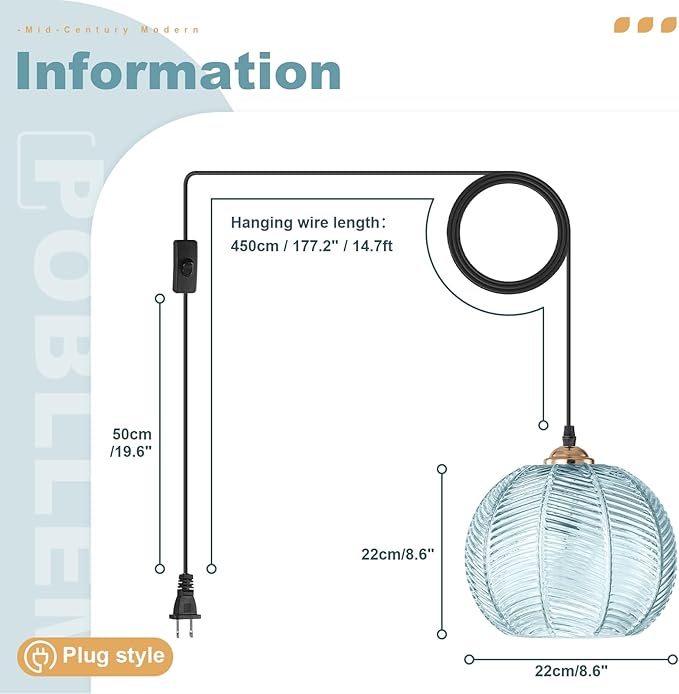 2 Pack Blue Plug in Pendant Lights for Ceiling, Modern Plug in Hanging Lamp with 8.7" Ribbed Glass Globe, Hanging Chandelier Plug in Light Fixture for Bedroom Kitchen Living Room Dining Room