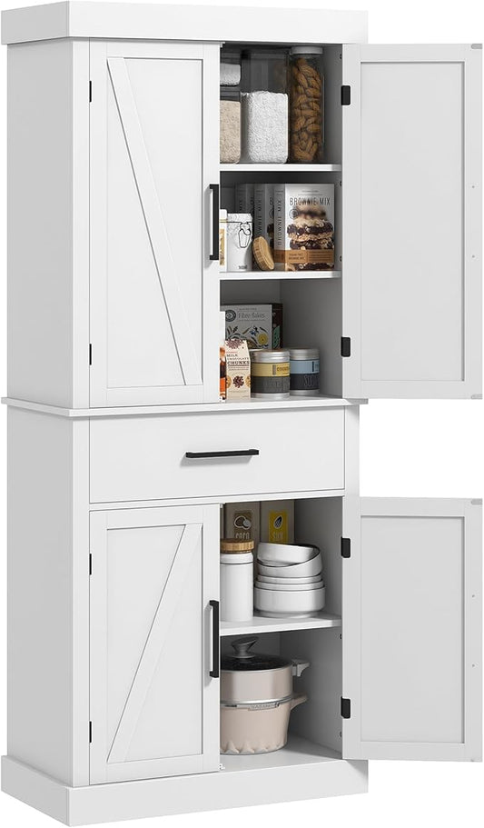 72" H Farmhouse Kitchen Pantry, Freestanding Storage Cabinet with 4 Barn Doors, Drawer, 5-Tier Shelf and Adjustable Shelves, White, Easy to Maintain, for Dining Room