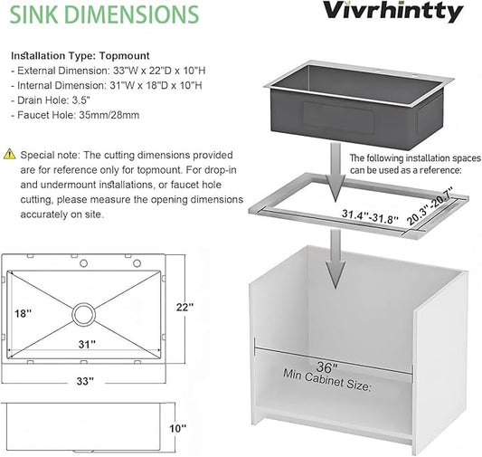 33x22 Inch Topmount or Drop In Kitchen Sink Worktation 16 Gauge Stainless Steel Single Bowl Kitchen Sink with Drainpipe, Silver