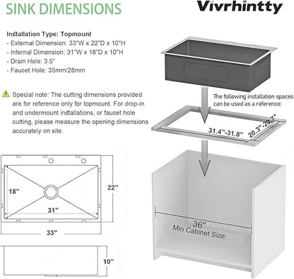 33x22 Drop in Kitchen Sink, 10" Deep Large Top Mount Single Bowl Sinks Nano Coating Stainless Steel Kitchen Laundry Room Sinks with Accessories