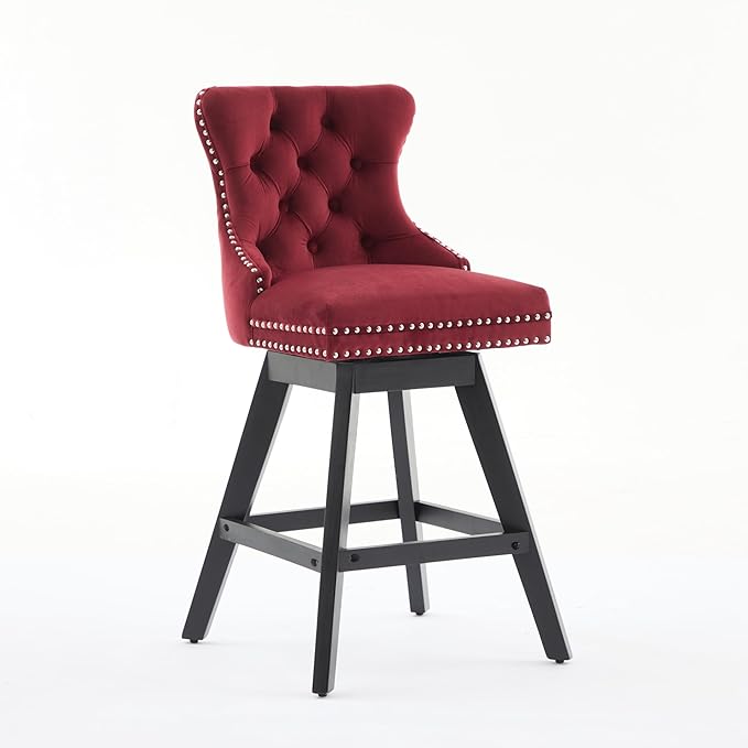 Swivel Velvet Bar Stools Set of 2 Wine Red | 360° Swivel Counter Chairs with Button Tufting, Padded Foam and Spring Seat, Curved Back Support, Solid Rubber Wood Legs for Kitchen Island