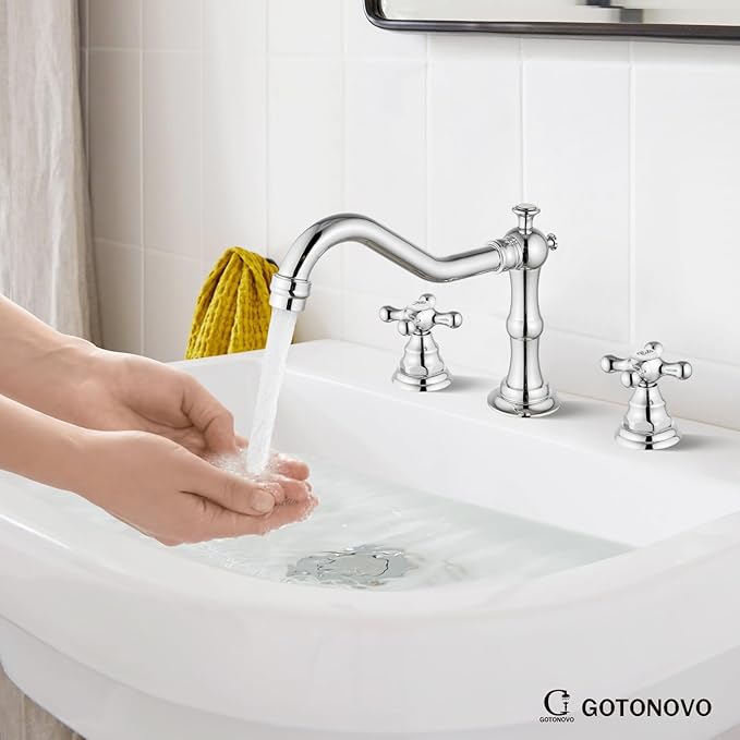 gotonovo Bathroom Faucet 3 Hole 8 Inch Widespread Bathroom Sink Faucet 2 Cross Handles Vintage Lavatory Vanity Mixer Tap with Pop Up Drain, Round Font Label, Polish Chrome