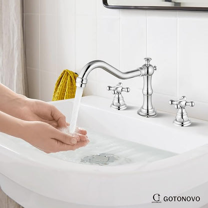 gotonovo Bathroom Faucet 3 Hole 8 Inch Widespread Bathroom Sink Faucet 2 Cross Handles Vintage Lavatory Vanity Mixer Tap with Pop Up Drain, Round Font Label, Polish Chrome