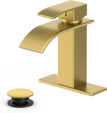 Ryuwanku Bathroom Faucet Brushed Gold Modern Waterfall Bathroom Sink Faucet with Single Handle Suitable for 1 or 3 Holes,Supply Deck Plate and Hose…