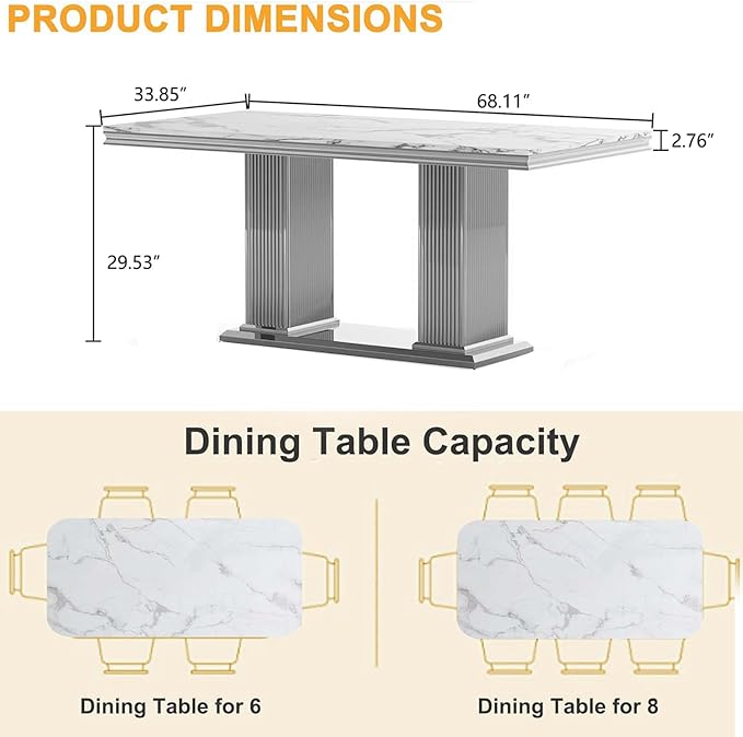 Henf Modern Dining Table for 6-8, 68 Inch White Marble Kitchen Table with Silver Stainless Steel Double Pillar Base, Luxurious Rectangular Faux Marble Dining Room Table for Dining Room,Living Room