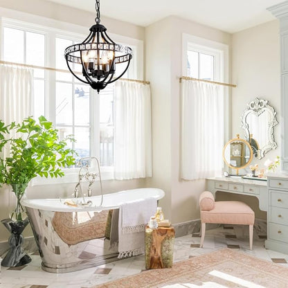 c Chandeliers，Farmhouse Ceiling Chandelier Rustic Vintage Black Pendant Hanging Lighting for Dining Room Living Room Entryway Kitchen Island Bedroom Foyer Lighting（4-Light）