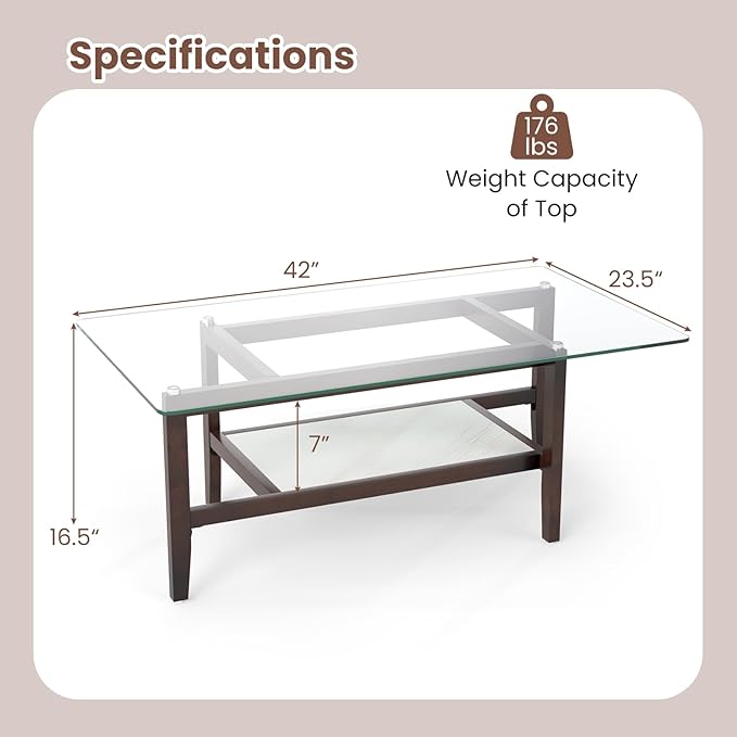 Giantex Glass Coffee Table, 42 Inch 2-Tier Rectangular Cocktail Table with Storage Shelf & Solid Rubber Wood Legs, Modern Center Table for Living Room, Home Office, Brown