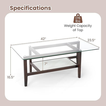 Giantex Glass Coffee Table, 42 Inch 2-Tier Rectangular Cocktail Table with Storage Shelf & Solid Rubber Wood Legs, Modern Center Table for Living Room, Home Office, Brown