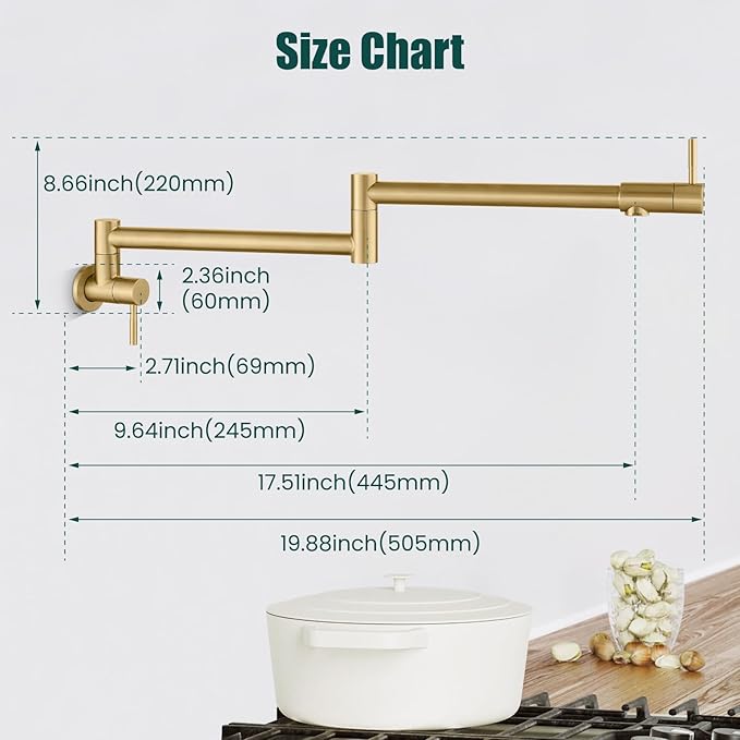 Heyalan Pot Filler 19 Inch Wall Mount Folding Stretchable Kitchen Restaurant Faucet Stainless Steel Pot Filler Double Joint Swing Arm Two Handles Commercial NPT,Straight Handle,Brushed Gold