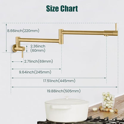 Heyalan Pot Filler 19 Inch Wall Mount Folding Stretchable Kitchen Restaurant Faucet Stainless Steel Pot Filler Double Joint Swing Arm Two Handles Commercial NPT,Straight Handle,Brushed Gold