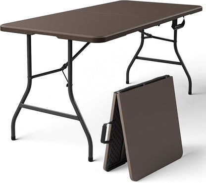 Folding Table 5FT Heavy Duty Plastic Table with Handle, Foldable and Portable, Fold-in-Half Utility Tables for Outdoor, Dining, Wedding, Events, Indoor, Picnic, Camping, Party, (Brown)