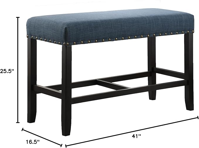 Blue Fabric Counter Height Dining Bench with Nailhead Trim, Ideal for Kitchen Islands and Dining Areas, Durable and Easy to Clean