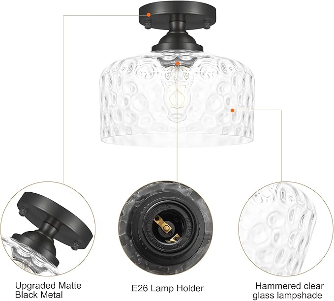 Daunton Small Semi Flush Mount Ceiling Light Fixture, Vintage Black Close to Ceiling Lighting with Hammered Glass Shade for Hallway, Kitchen, Entryway (Retro Design, Easy Install)
