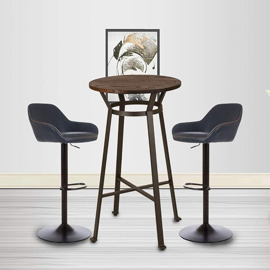 Glitzhome 3-Piece Pub Table and Chairs, Round Bar Height Adjustable Swivel PU Leather Bar Stools Set of 2, Rustic Dining Room Tables for Kitchen Island Bistro Office Living Room Small Space Restaurant