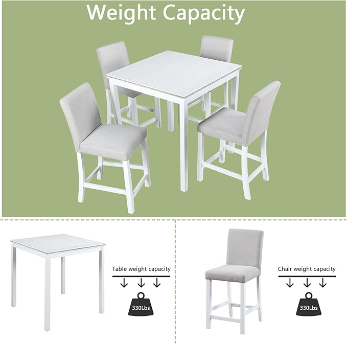 5 Piece Counter Height Dining Table Set for 4, Elegant Wooden Kitchen Table and 4 Upholstered Chairs with Crystal Decoration, Square Dining Table Set for Kitchen and Dining Room, White