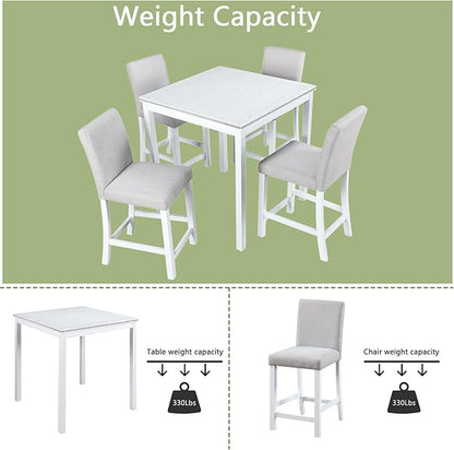 5 Piece Counter Height Dining Table Set for 4, Elegant Wooden Kitchen Table and 4 Upholstered Chairs with Crystal Decoration, Square Dining Table Set for Kitchen and Dining Room, White