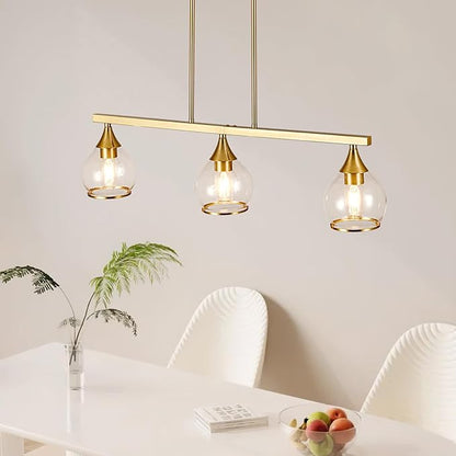 Island Light for Kitchen, 3-Light Gold Kitchen Island Linear Hanging Pendant Chandeliers, Brushed Gold Dining Room Light Fixture Over Table with Clear Round Glass Shades