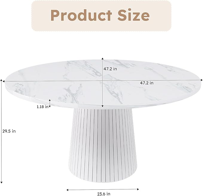 47" Round Marble Veneer Dining Table, Kitchen Table with Wood Strip Base, Dinner Tables with Stable Support for Kitchen & Living Room, White
