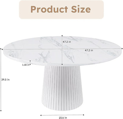 47" Round Marble Veneer Dining Table, Kitchen Table with Wood Strip Base, Dinner Tables with Stable Support for Kitchen & Living Room, White