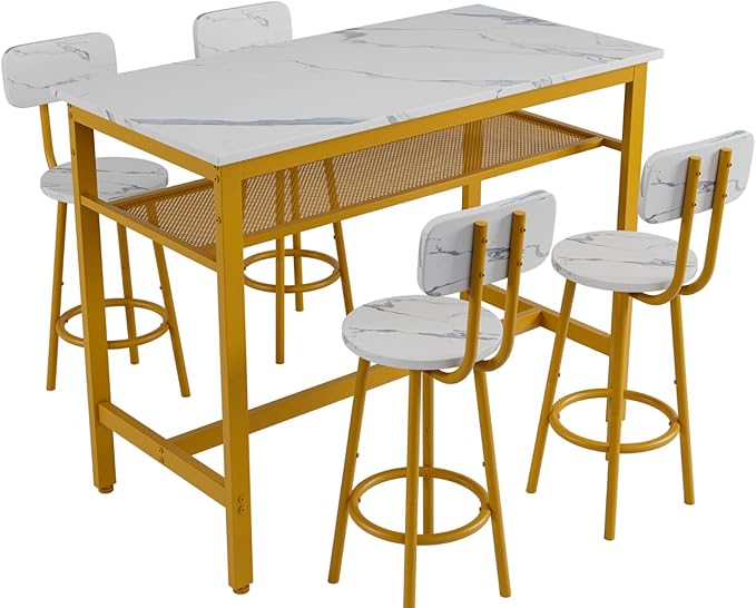 5-Piece Bar Height Table and Chairs Set – Modern Kitchen Table with 4 Bar Stools,Compact Dining Table Chairs Set,Bar Table and Chairs Set for Kitchen Island Seating & Dining Room (White+Gold)