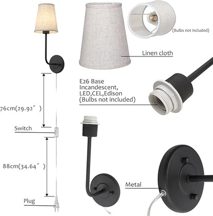 Pathson Set of 2 Plug in Fabric Wall Sconce Linen Cloth Shade, 1-Light Vintage Wall Light Fixture for Living Room Bedroom