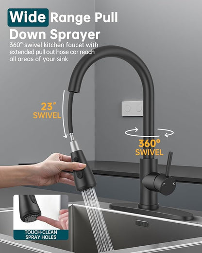 Hiqufet Kitchen Sink Faucet with Pull Down Sprayer with Deck Plate, 1 or 3 Holes High Arc Faucet, Stainless Steel Modern Bar Sink Faucets for Pot Filler, Farmhouse Laundry, RV Bathroom (Black)