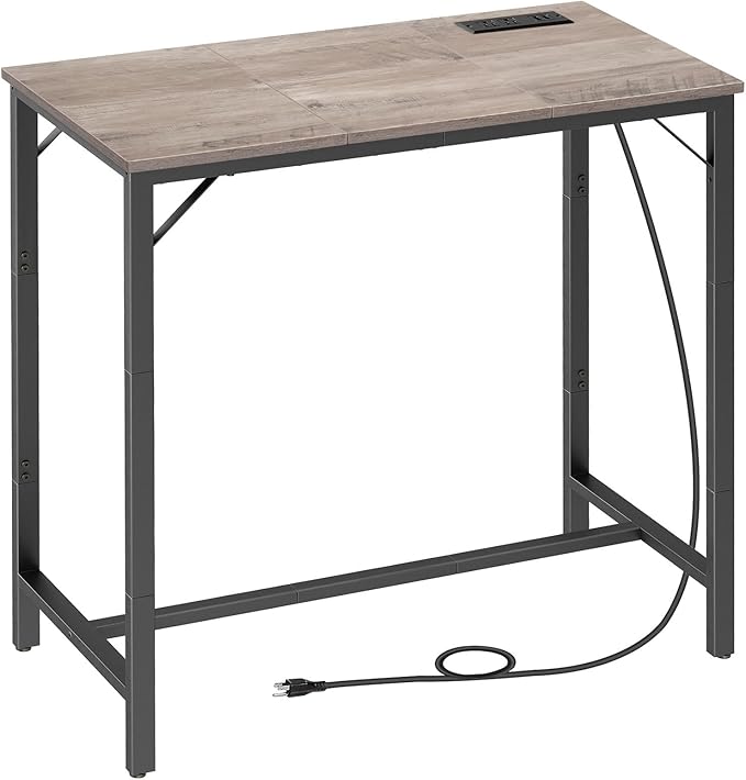 HOOBRO Bar Table with Charging Station, Rectangular Pub Table, High Top Coffee Table, Counter Bar Height Table, Narrow Long Dining Table, 35.4" L x 15.7" W x 35.6" H, Greige BG90UBT01