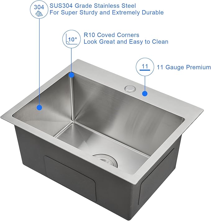 MENATT 23-inch Single Hole Single Bowl Kitchen Sink Drop in, 18 Gauge 304 Stainless Steel Handmade Topmount/Drop In Kitchen Sinks with 9" Deep Bowl Sink, Brushed