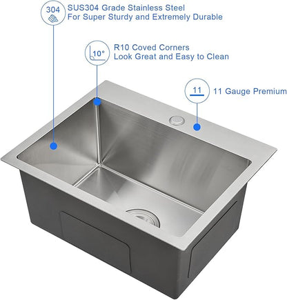 MENATT 23-inch Single Hole Single Bowl Kitchen Sink Drop in, 18 Gauge 304 Stainless Steel Handmade Topmount/Drop In Kitchen Sinks with 9" Deep Bowl Sink, Brushed