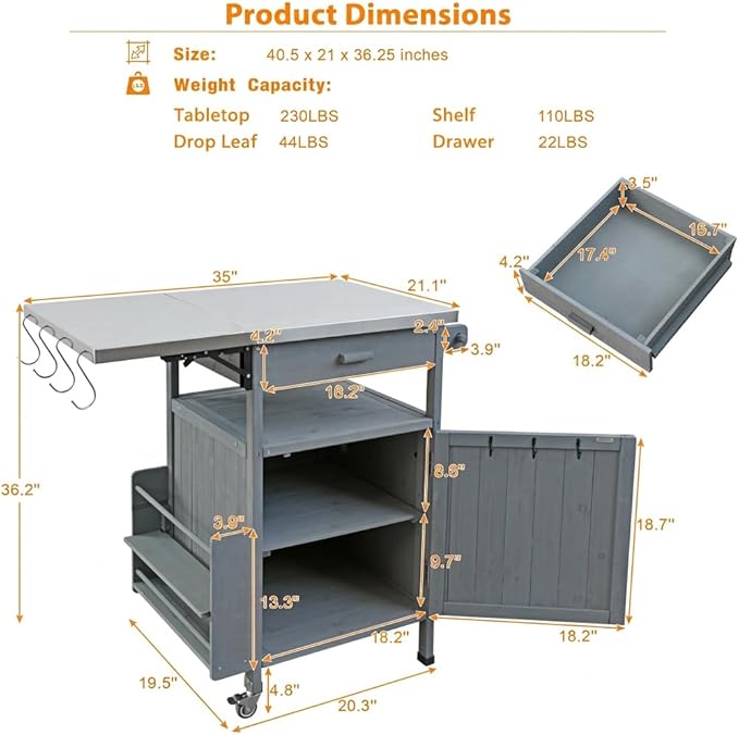 Casaphoria 40.5" Outdoor BBQ Grill Cart, Stainless Steel Top Rolling Outdoor Kitchen Cart Flip Board, Fir Wood Bar Carts with Towel Holder, Lockable Wheels for Patio Lawn Garden,Blue