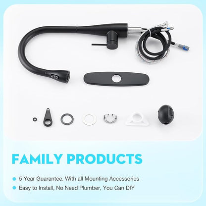CREA Black Kitchen Faucet, Pull Down Black Kitchen Faucets with Sprayer 3 Modes, Uitility Laundry Faucets Single Hole Bar Sink Faucet 360° Swivel High Arc RV Stainless Steel Faucet, Matte Black