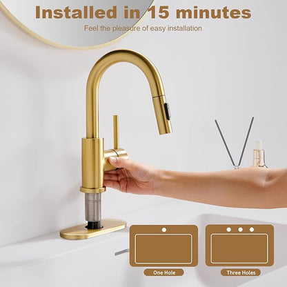 Bathroom Sink Faucet with Pull Down Sprayer,Single Handle Pull Out Faucet with Pop-Up Drain, 1 or 3 Hole Laundry Bar Basin Brushed Gold Faucet with Deck Plate