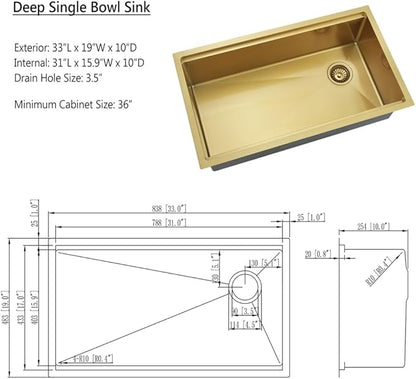 Gold Kitchen Sink Undermount, 33 x 19 Inch Gold Undermount Kitchen Sink Workstation Single Bowl 16 Gauge Stainless Steel Sink with Drain