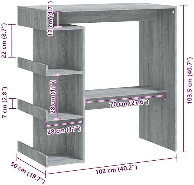 Wall-Mounted Bar Table with Storage Racks, Grey Sonoma Finish, Space-Saving Design for Kitchen or Dining Area, Footrest Included