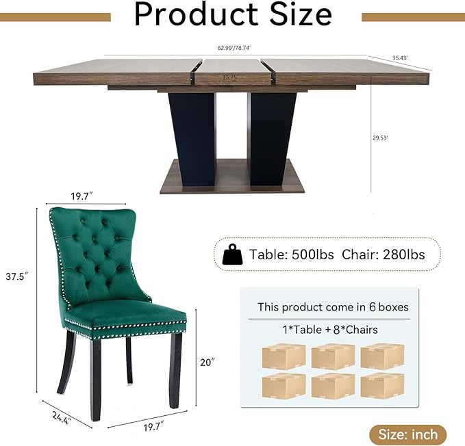 Goujxcy 9-Piece Extendable Dining Table Set for 6-8 People 63-78 Inch Kitchen Table Set with 8 Velvet Upholstered Chairs Farmhouse Rectangular Dining Room Table Set for Kitchen Dining Room Apartment