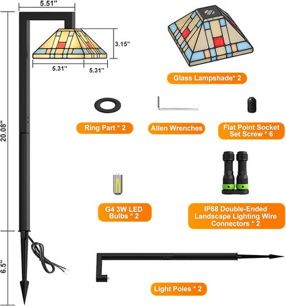 Low Voltage Landscape Lighting, 3W LED Pathway Lights with Handmade Tiffany Glass, 12V Waterproof Outdoor Lights for Garden, Yard, Walkway (2 Pack)