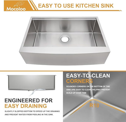 Mocoloo 30 Farmhouse Sink - 30 x 22 Inch Stainless Steel Undermount Kitchen Sink Workstation Ledge 16 Gauge Single Bowl Deep Basin Handmade Apron Front Farm Style Sinks