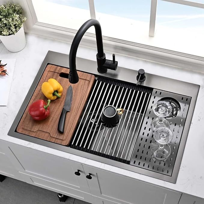 Black Kitchen Sink with Glass Rinser-Hovheir 31x20 Drop In Kitchen Sink Top Mount Workstation Sinks 16 Gauge Black Stainless Steel Single Bowl Deep Sinks with Cutting Board