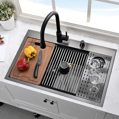 Black Kitchen Sink with Glass Rinser-Hovheir 31x20 Drop In Kitchen Sink Top Mount Workstation Sinks 16 Gauge Black Stainless Steel Single Bowl Deep Sinks with Cutting Board