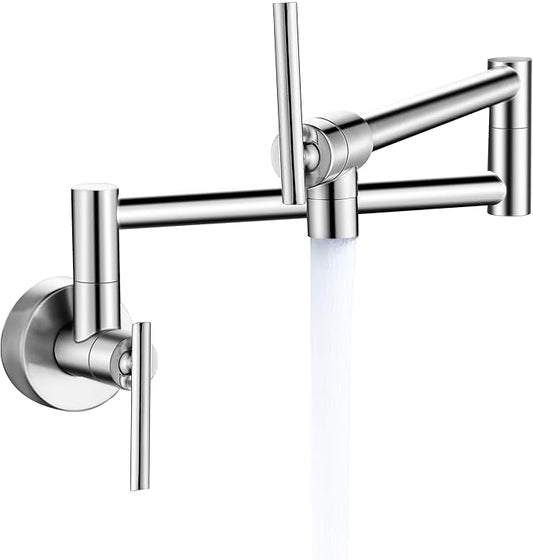 Fransiton Brushed Nickel Pot Filler, Pot Filler Faucet Wall Mount, Brass Folding Stretchable with Double Joint Swing Arm Single Hole Two Handles Kitchen