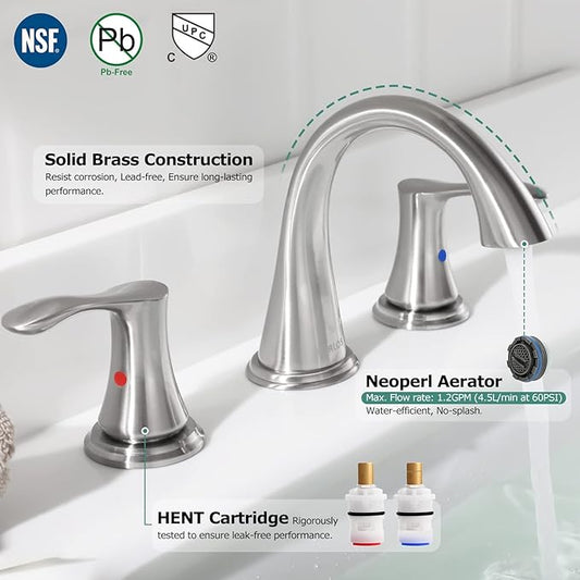 PARLOS Widespread 2 Handles Bathroom Faucet with Metal Pop Up Sink Drain and cUPC Faucet Supply Lines, Brushed Nickel, Demeter 13647