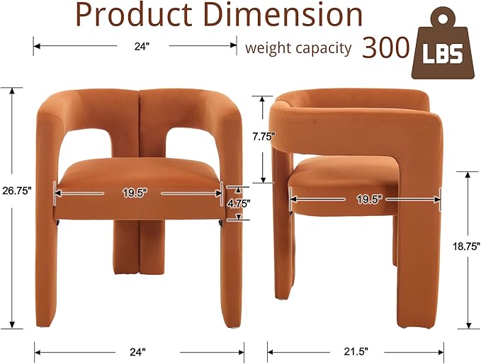 VESCASA Modern Barrel Dining Chairs Set of 6 with Open Back, Upholstered Velvet Accent Kitchen Armchairs with Wood Legs for Dining Room Reception Small Space, Orange