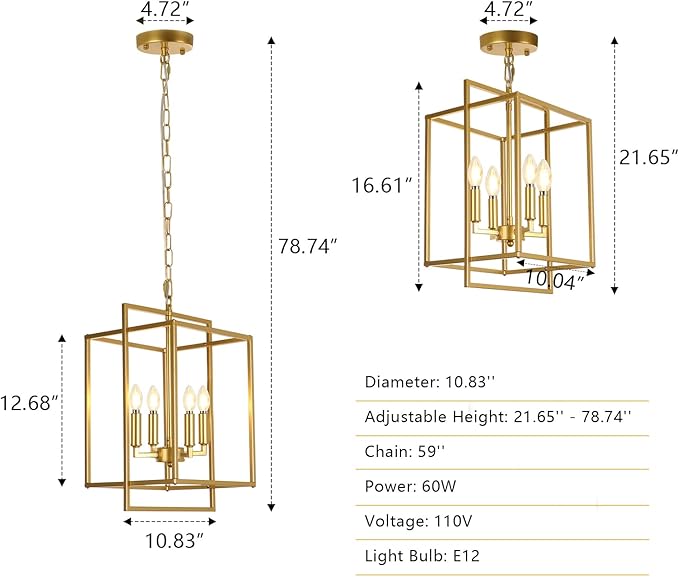 Modern Farmhouse Gold Chandelier, 4-Light Rustic Geometric Chandeliers for Dining Room, Adjustable Metal Hanging Pendant Light Fixture for Entryway Foyer Kitchen Island Hallway