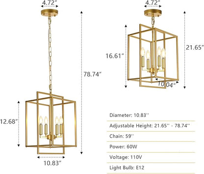 Modern Farmhouse Gold Chandelier, 4-Light Rustic Geometric Chandeliers for Dining Room, Adjustable Metal Hanging Pendant Light Fixture for Entryway Foyer Kitchen Island Hallway