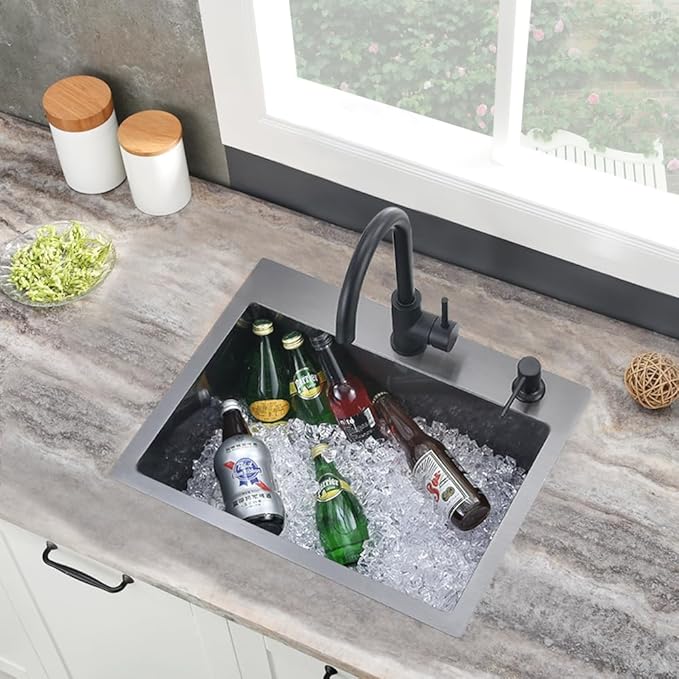 20x16 Black Bar Sink Drop In,16 Gauge Overmount Small RV Sink Stainless Steel Black Kitchen Sink Top Mount Outdoor Single Bowl Prep Sink