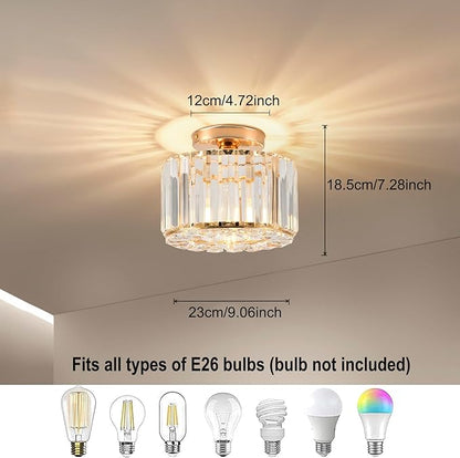 Gold Ceiling Lamp, Semi Flush Mount, Small Crystal, Entryway Chandelier for Dining Room, Bedroom, Kitchen