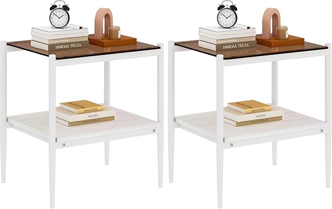 Set of 2 Glass End Table, 2-Layer Glass Living Room Table, Modern Tea Table Side Tables for Home Office Furniture